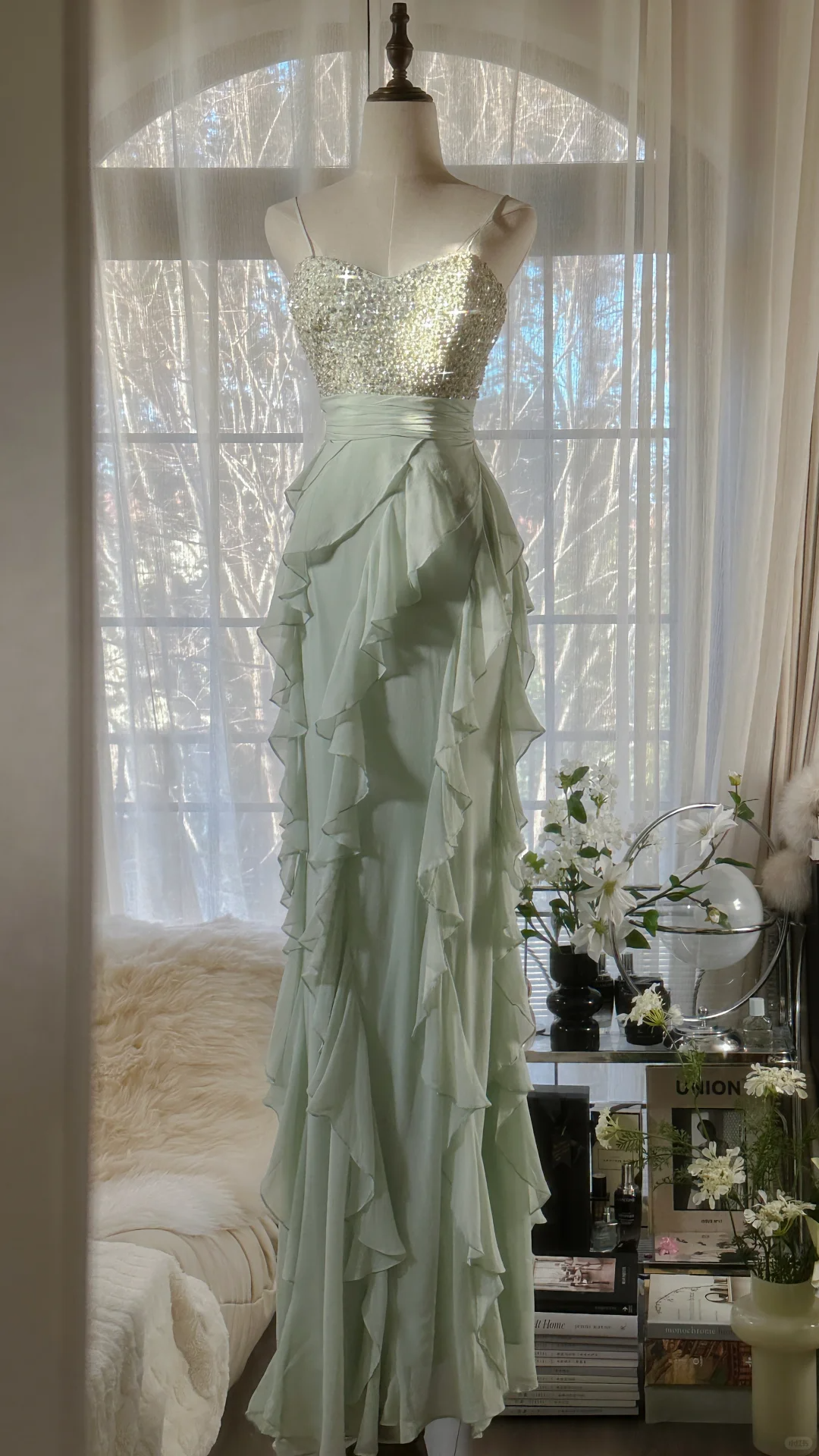 Light Sage Straps Beading Ruffles Long Evening Gown Vintage Party Dress, D727
