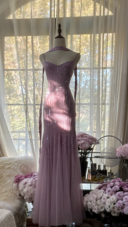 Shiny Purple Spaghetti Straps Beading Mermaid Long Party Dress Evening Gown, D729