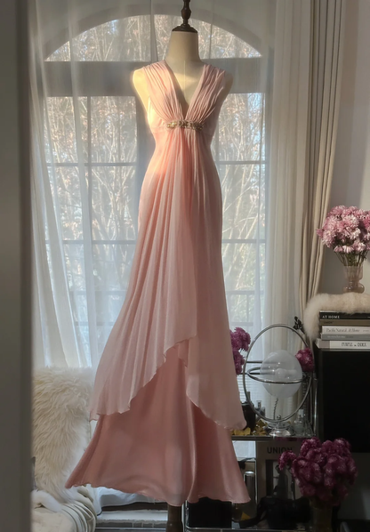 Elegant Pink V Neck Sheath Satin Vintage Long Party Dress Evening Gown, D730