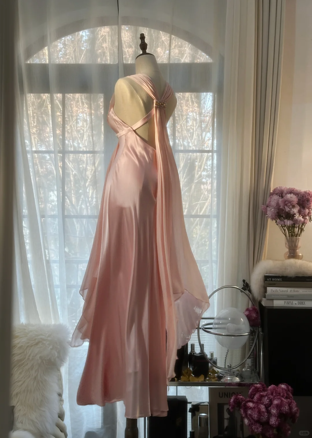 Elegant Pink V Neck Sheath Satin Vintage Long Party Dress Evening Gown, D730