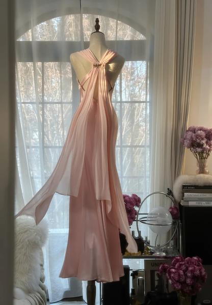 Elegant Pink V Neck Sheath Satin Vintage Long Party Dress Evening Gown, D730
