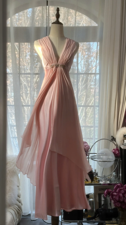 Elegant Pink V Neck Sheath Satin Vintage Long Party Dress Evening Gown, D730