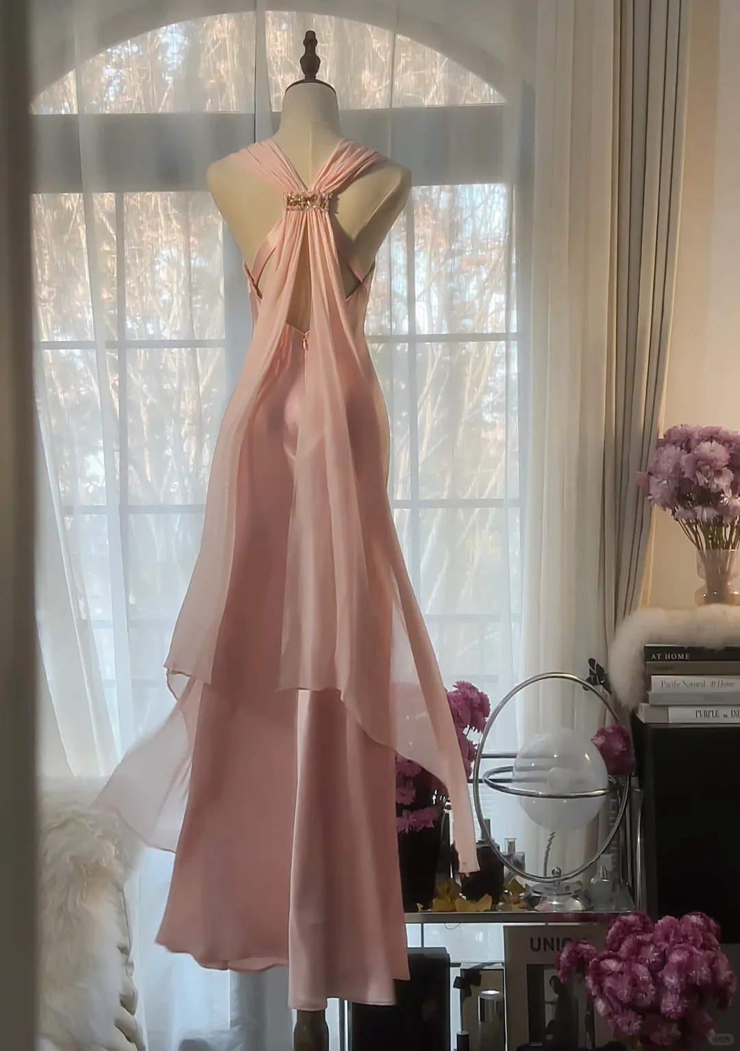 Elegant Pink V Neck Sheath Satin Vintage Long Party Dress Evening Gown, D730
