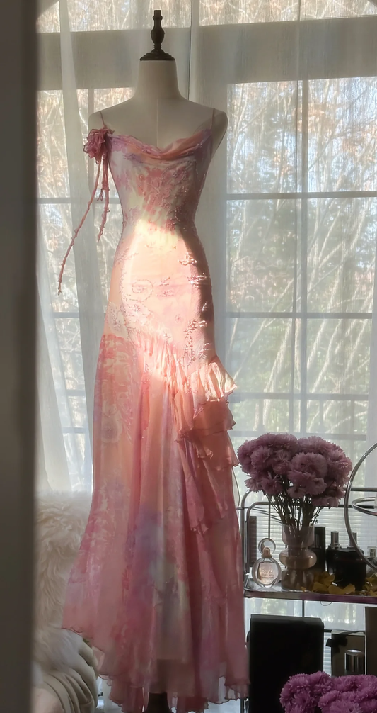 Pink Spaghetti Straps Beaing Chiffon Vintage Long Party Dress Evening Gown, D733