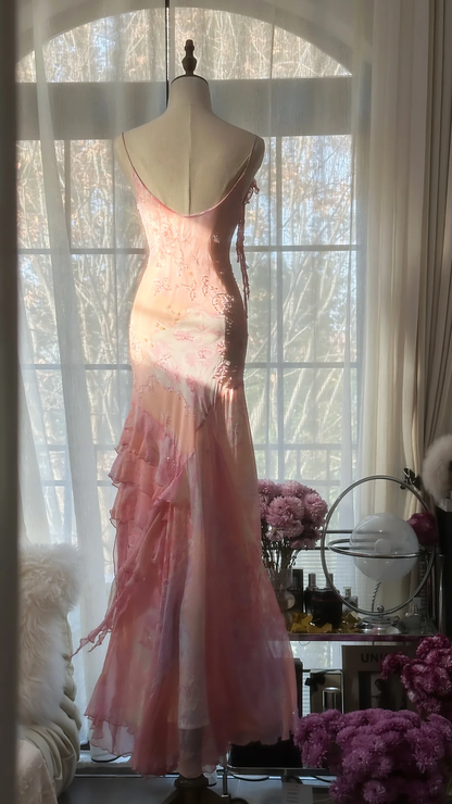 Pink Spaghetti Straps Beaing Chiffon Vintage Long Party Dress Evening Gown, D733