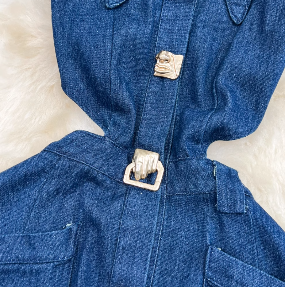 Retro lapel hollow exposed waist waist slimming sleeveless single-breasted A-line split denim dress R0375