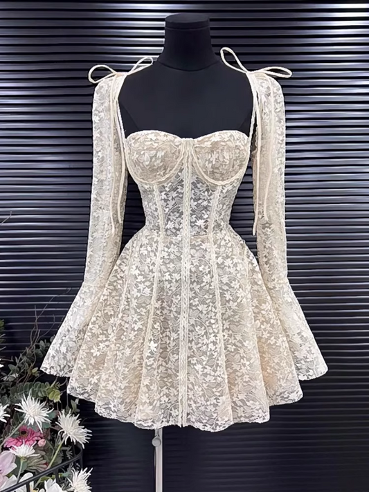 New Fashion Lace Embroidery Design A-line Long-sleeved Party Dresses Homecoming Dresses, D1388