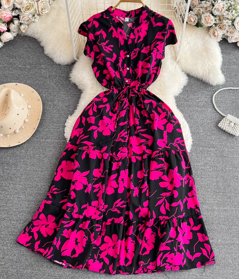 High-end, light luxury temperament flying sleeves V-neck waist slimming A-line ruffled printed dress R0353