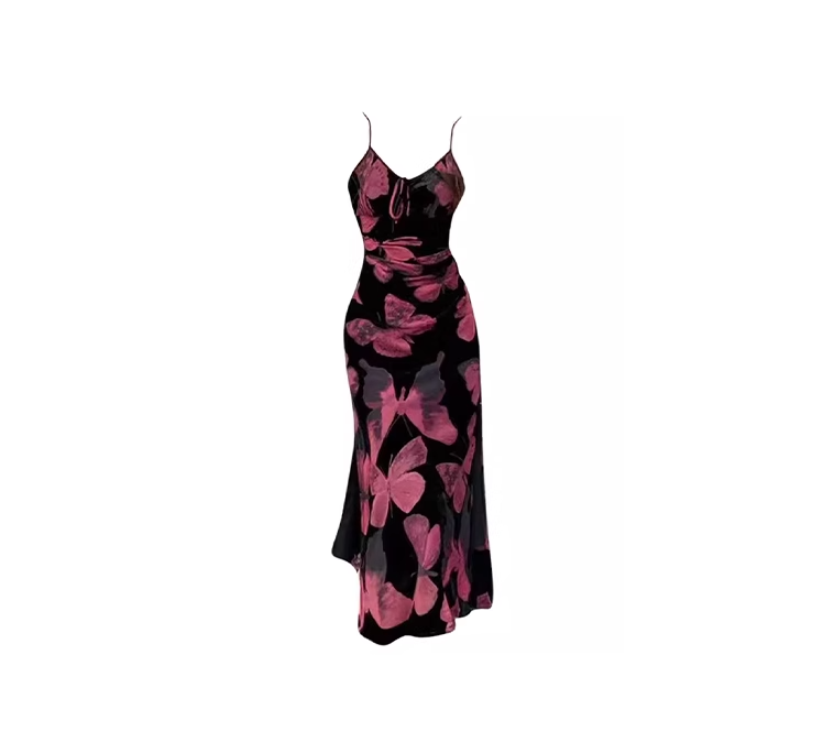 Retro butterfly print suspender dress 2025 new style waist slimming temperament long dress R0069