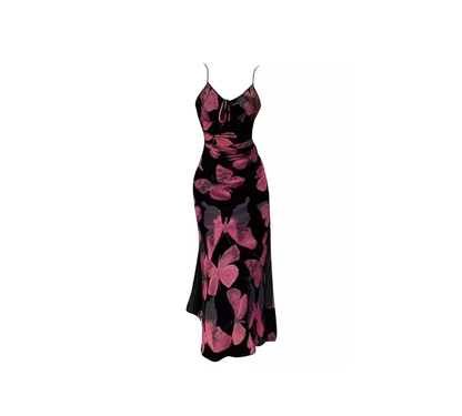 Retro butterfly print suspender dress 2025 new style waist slimming temperament long dress R0069