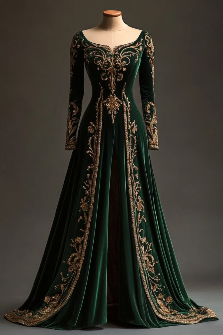 Dark Green Long Sleeves A-Line Velvet Appliques Long Formal Evening Dresses, D819