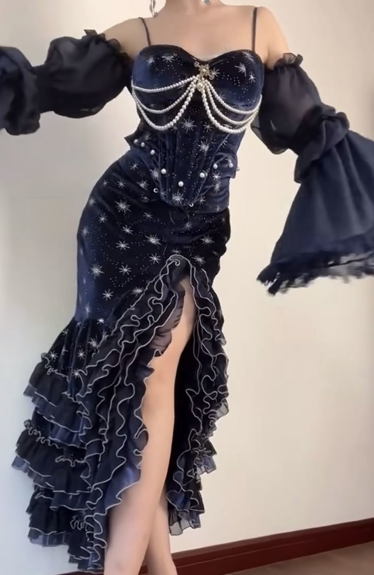 Prom Dress Dark Navy Spaghetti Straps Mermaid Layers Ruffles Sexy Evening Dress Birthday Outfits, D827