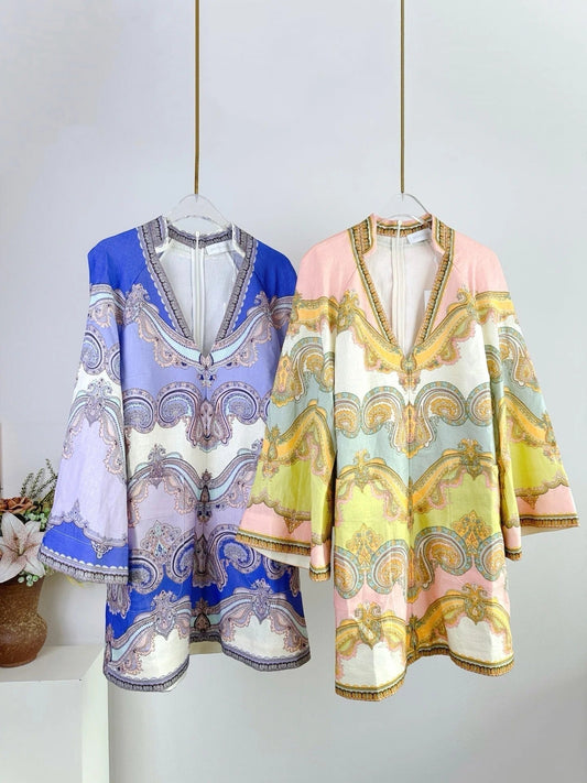 V-NECK PRINTED DRESS BACK ZIPPER