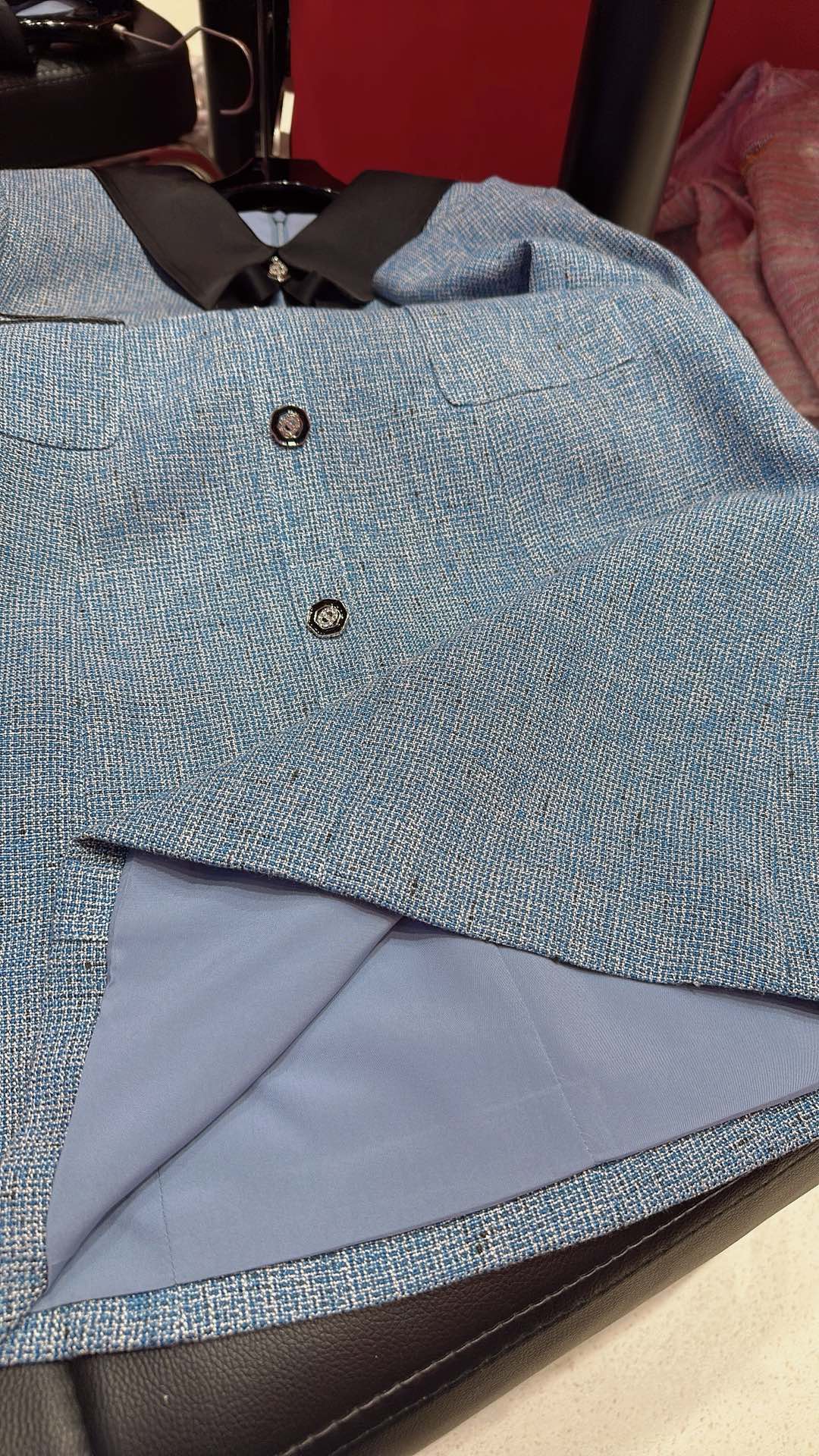 CC Vintage Suit Woolen Bow Neck Dress Blue Wool