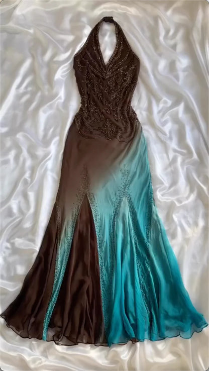 Ombre Halter Neck Sheath Beading Vinatge Long Party Dress Evening Dresses, D889