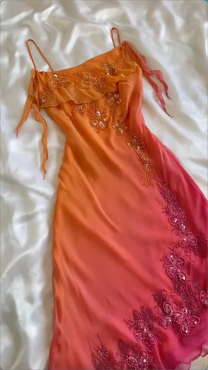 Orange Ombre Straps Sheath Beading Vinatge Midi Party Dress Evening Dresses, D891