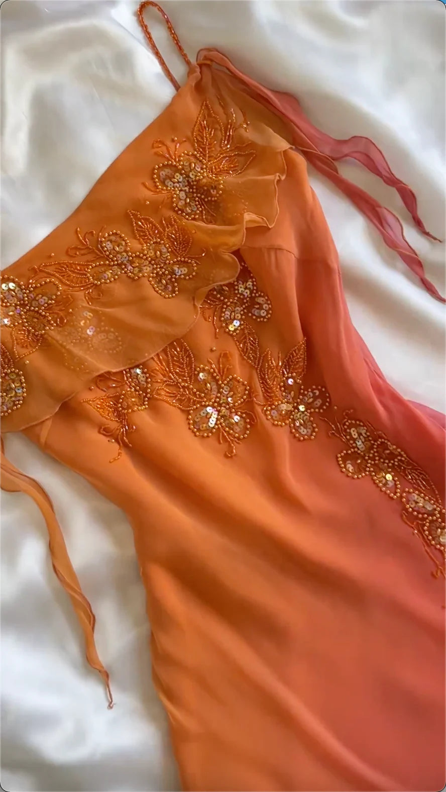 Orange Ombre Straps Sheath Beading Vinatge Midi Party Dress Evening Dresses, D891