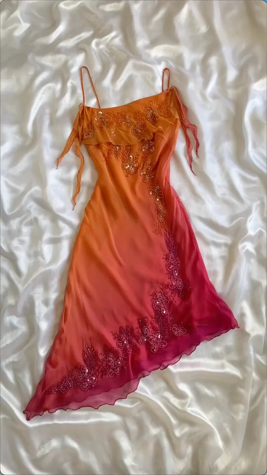 Orange Ombre Straps Sheath Beading Vinatge Midi Party Dress Evening Dresses, D891