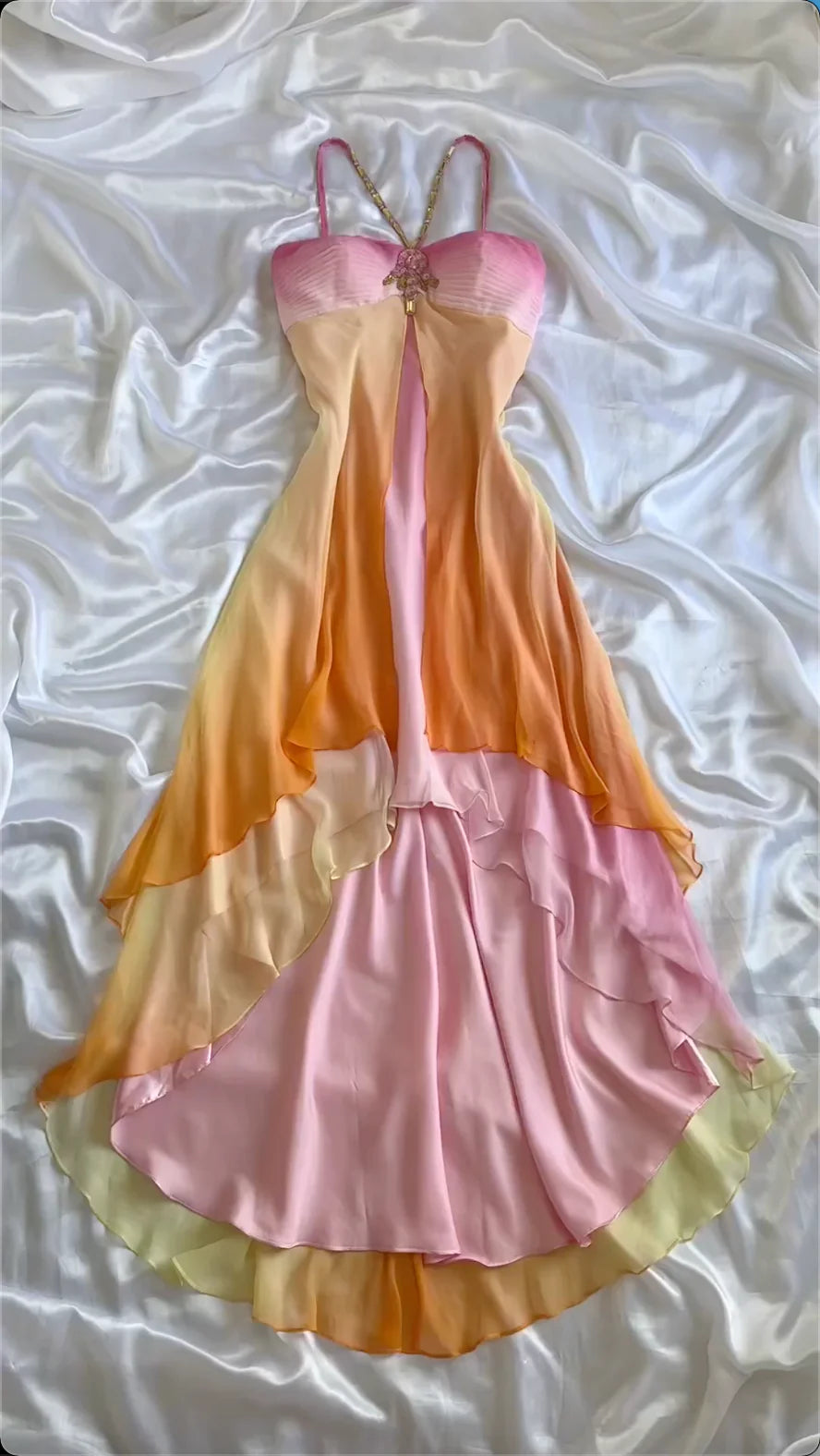 Spaghetti Straps A-Line Beading Colorful Chiffon Long Party Dress Evening Dresses, D892