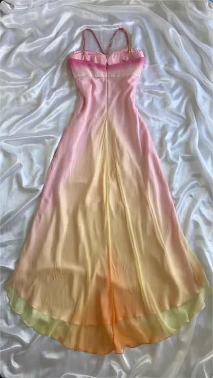 Spaghetti Straps A-Line Beading Colorful Chiffon Long Party Dress Evening Dresses, D892