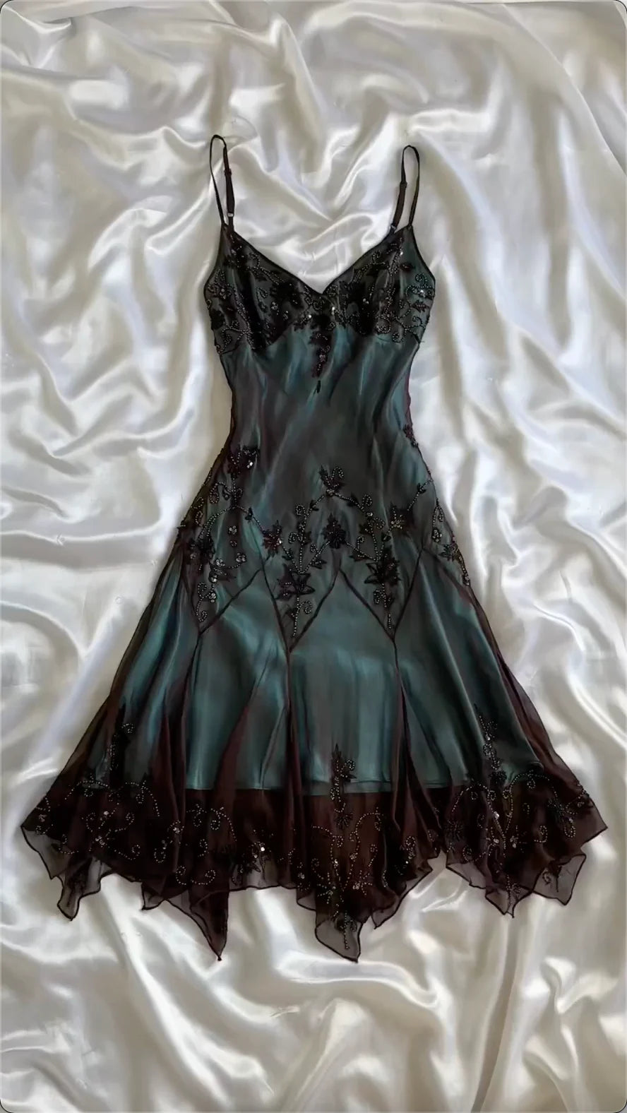 Spaghetti Straps Blue Chiffon Beading Vintage Midi Party Dress Evening Dresses, D893