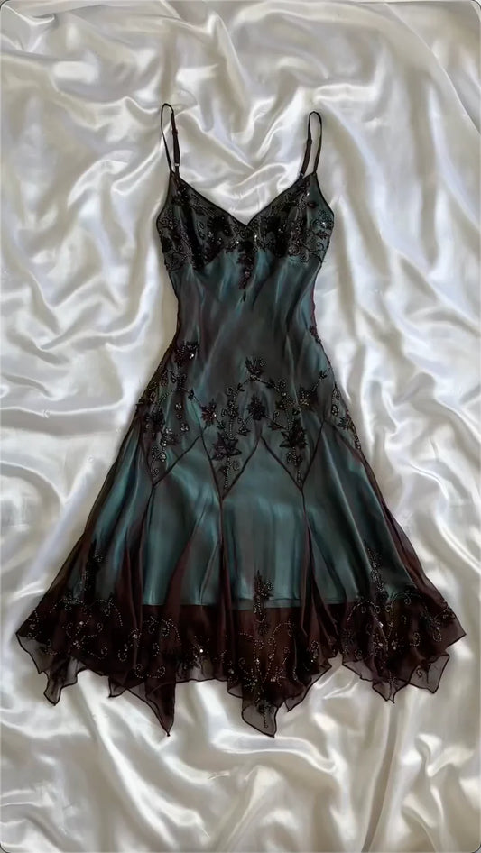 Spaghetti Straps Blue Chiffon Beading Vintage Midi Party Dress Evening Dresses, D893