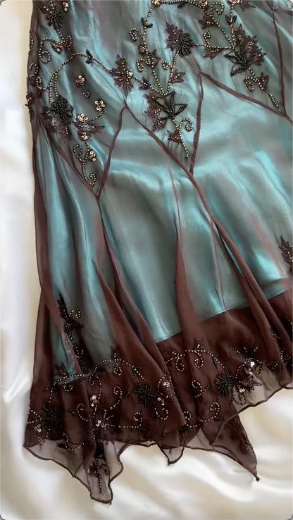 Spaghetti Straps Blue Chiffon Beading Vintage Midi Party Dress Evening Dresses, D893