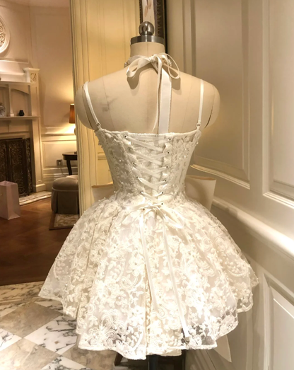 White lace suspenders slim waist A-line skirt short skirt homecoming dress R4161