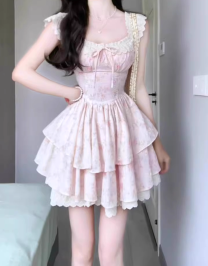 Pink floral dress beautiful niche waist puffy short skirt R0745