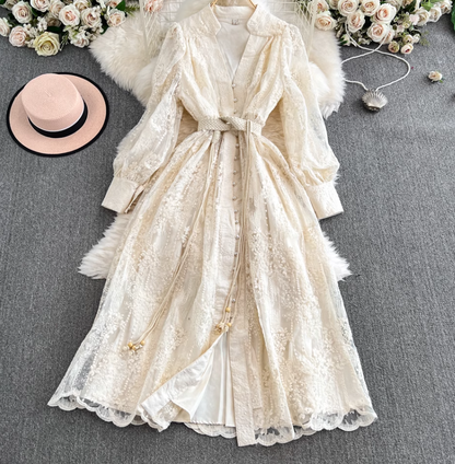 French retro palace style dress embroidery waist slim long lace dress female high-end exquisite dress R0328