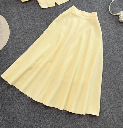 Fashion suit Stand collar single breasted puff sleeve short top two piece set high waist skirt R0327