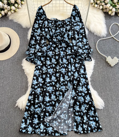 Gentle style long sleeves square neck waist slimming slit A-line print dress elegant long skirt R0355