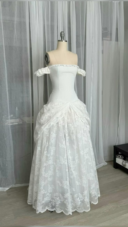White Off Shoulder A-Line Lace Long Party Dress Vintage Wedding Dress  D989
