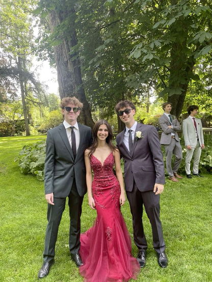 Pretty Burgundy Straps Mermaid Beaded Long Formal Prom Dress Evening Gown, D993