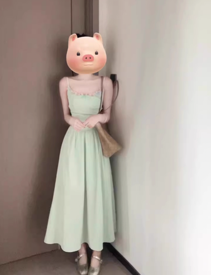 Women's mint green suspender dress holiday style waist backless temperament long dress R0465