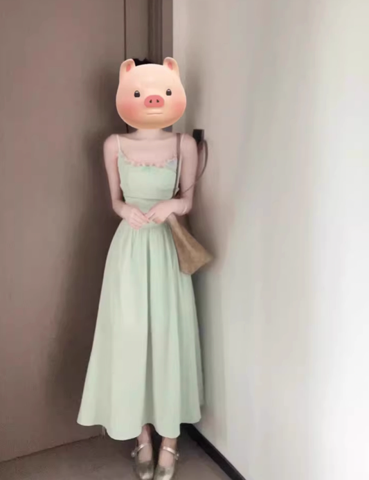 Women's mint green suspender dress holiday style waist backless temperament long dress R0465