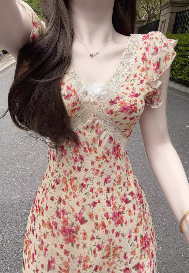 Retro V-neck sleeveless dress temperament waist A-line short skirt R0694