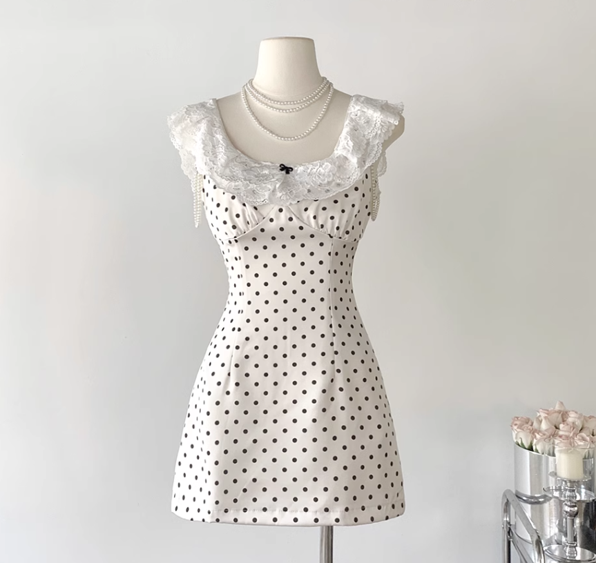 Sweet white polka dot short skirt lace satin slim waist dress female summer a-line skirt R0108