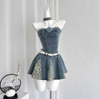 Denim tube-top slim-waisted A-line short skirt homecoming dress R4133