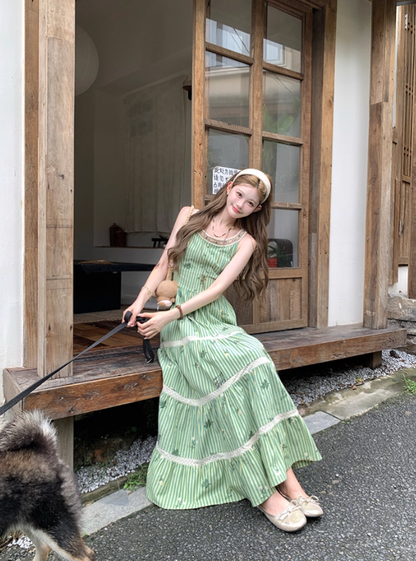 Green long round neck sleeveless suspender dress women's summer French temperament skirt R4742