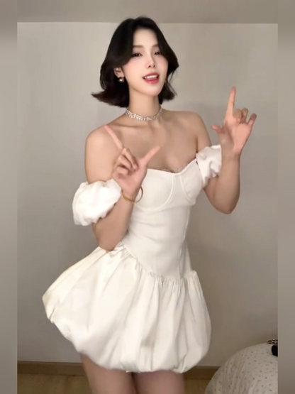 French style white one shoulder dress female temperament waist princess flower bud puffy skirt R3595