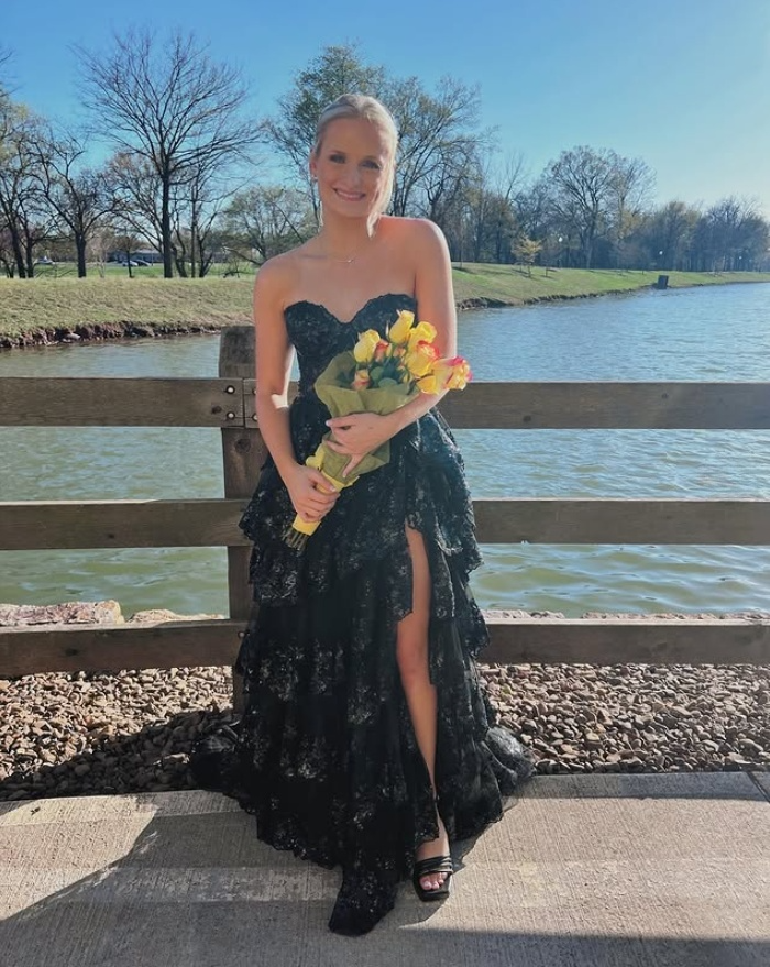 Dark Navy Sweetheart A-Line Lace Tiered Long Party Dress Senior Prom Dress, D779