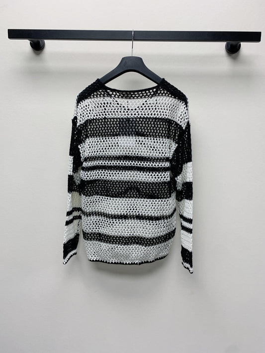 Celine 25 Hollow Crochet Cardigan Black White Wool Polyester 277568