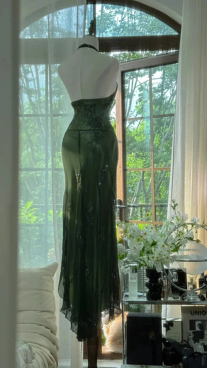 Dark Green Beaded Elegant Long Chiffon Ball Gowns Prom Dress