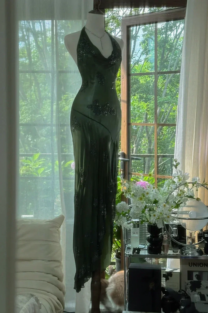 Dark Green Beaded Elegant Long Chiffon Ball Gowns Prom Dress