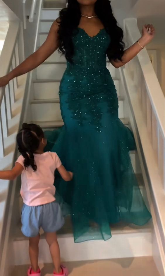 Dark Green Mermaid Tulle Lace Prom Dresses Winter Prom Gowns