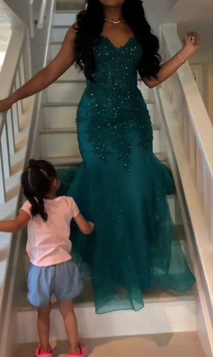 Dark Green Mermaid Tulle Lace Prom Dresses Winter Prom Gowns