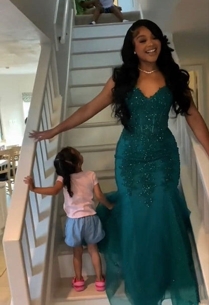 Dark Green Mermaid Tulle Lace Prom Dresses Winter Prom Gowns