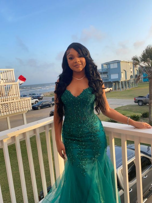 Dark Green Mermaid Tulle Lace Prom Dresses Winter Prom Gowns