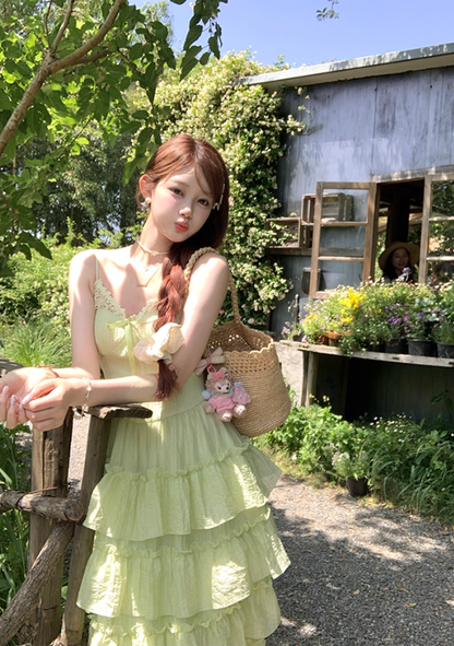 Green v-neck ruffled waist Tencel suspender dress women's summer French forest style skirt R4617